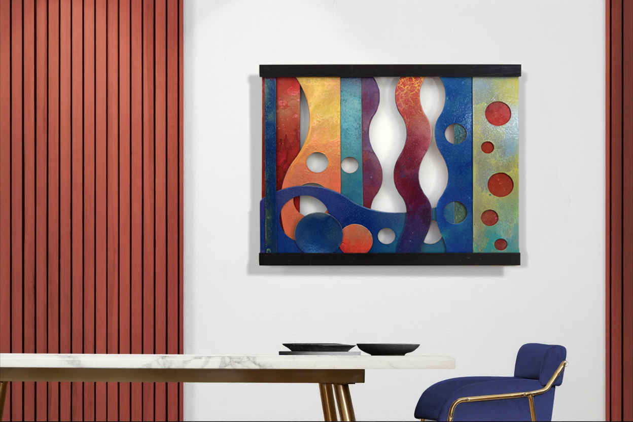 Pele and the Sea interactive fine art wall sculpture by Trisha Selgrath — installed in situ